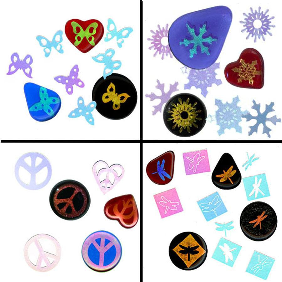 Examples of Dicro Slide Dichroic Decal Cut with Punches and Fused to Glass Pendant s