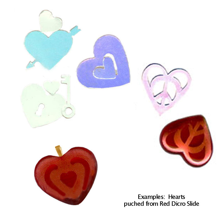 Examples cut out with scissors or craft punches of Dicro Slide Dichroic Coated Clear-Red Waterslide Decal Paper. Ready to kiln fire for fused glass or Ceramic applications