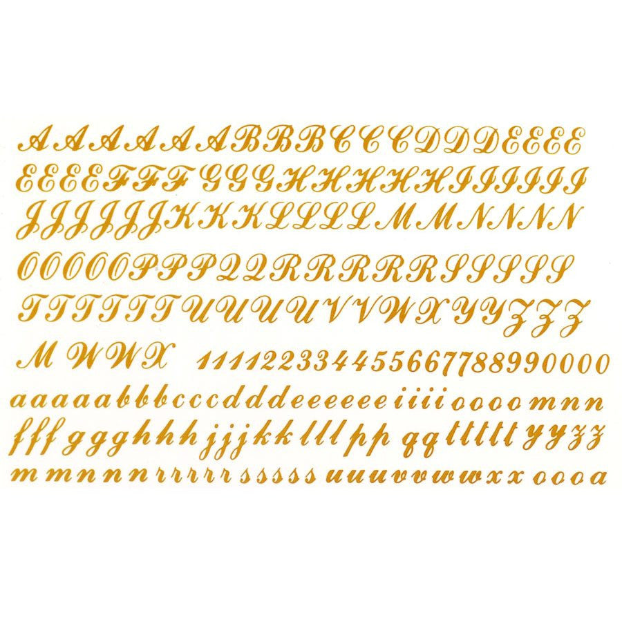 Fused Glass Decal 3/8  Alphabet & Numbers Script Letters Gold Metallic. Great for Ceramic applications too!