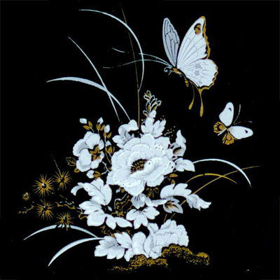  Flowers Butterflies White Enamel Gold Accents Fused Glass Decal