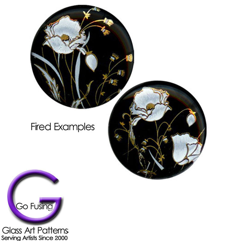 Examples: White Poppy Decals Fused on Glass Pendants