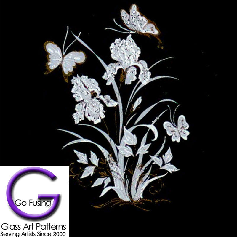 Flowers-Irises & Butterflies White & Gold