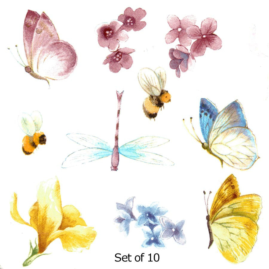 Butterflies Bees Dragonflies Fused Glass Waterslide Decal Set of 10 (33354)