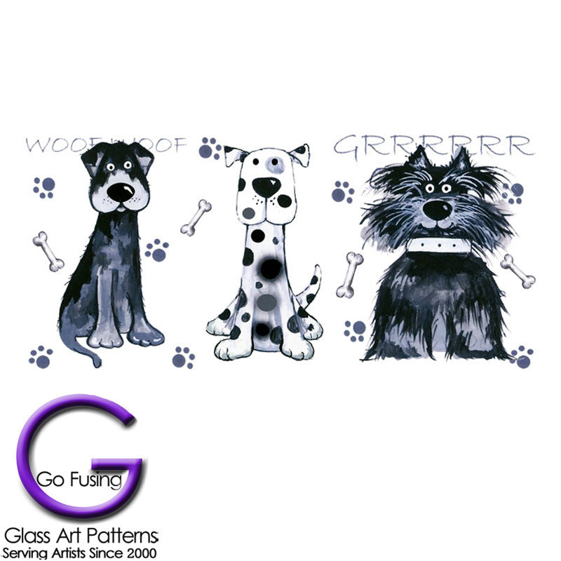 Colored: 3 Scruffy Dogs Strip of 3 Larger Size (3 H x 2 W inches) Fused Glass Decal