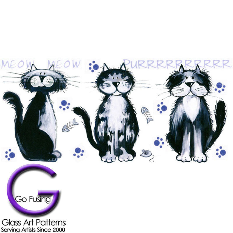 3 Scruffy Cats Strip of 3 Larger Size (3 H x 2 W inches) Fused Glass Decal