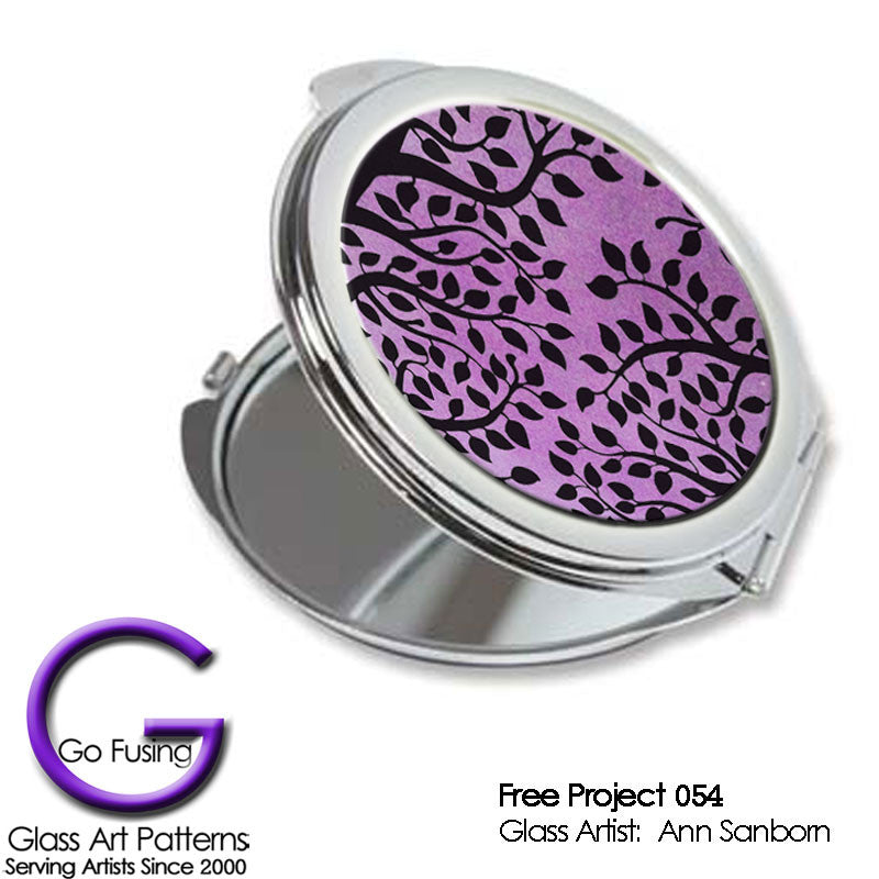 Free Project Fused Glass Satin Shimmer Violet & Tree Leaves Compact Mirrors