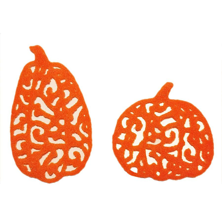 Included is a green glass powder pack for stems of Pumpkin Filigree Wafer Set of two Pumpkins 