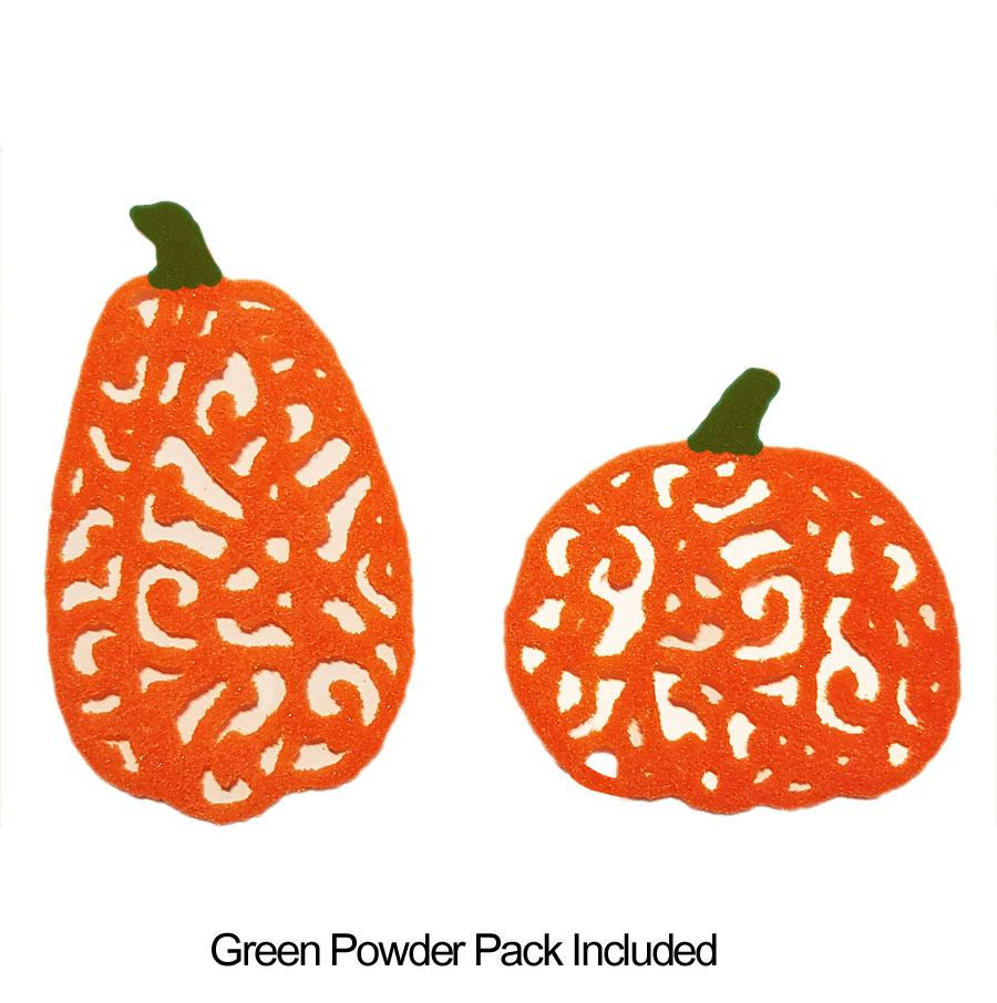 Included is a green glass powder pack for stems of Pumpkin Filigree Wafer Set of two Pumpkins 