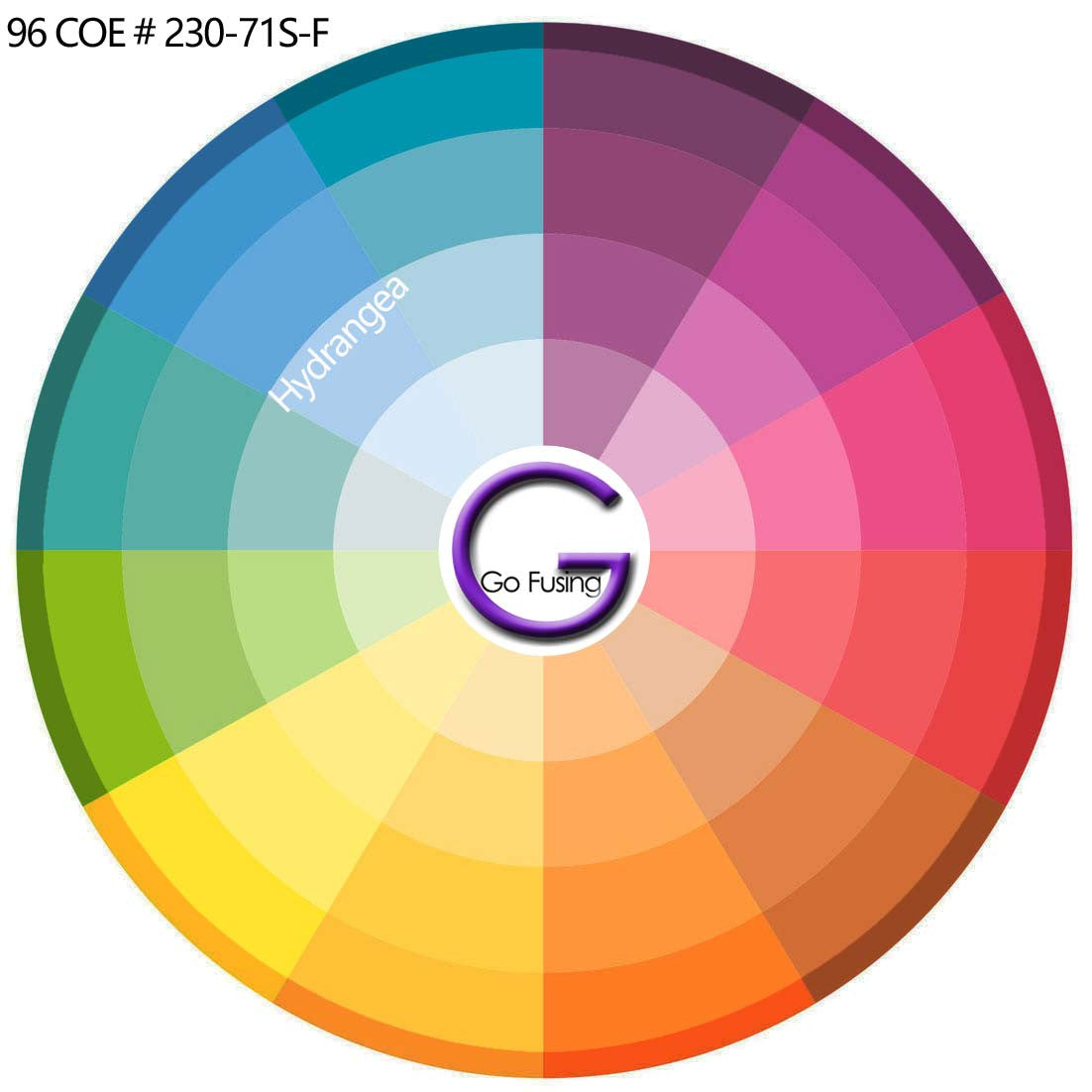 96 COE fusible Hydrangea Opal Glass Frit on a Color Wheel to display Complimentary and Contrasting colors, 230-71S-F