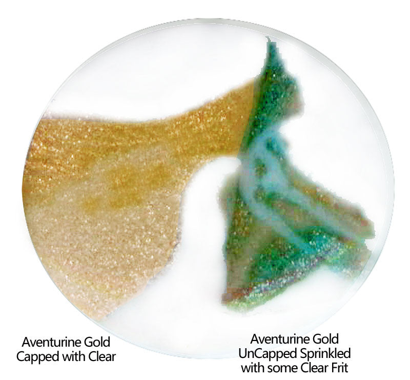 Fired Example of Gold Aventurine Confetti Glass Shards Capped and Uncapped with clear COE96  glass