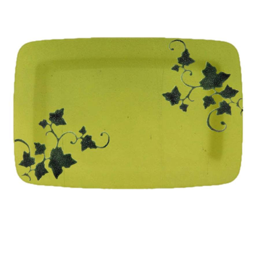 Example of Fused Glass Rectangular Rim Platter using Lime Green Transparent Base Glass and Precut Glass Shape Ivy Vines