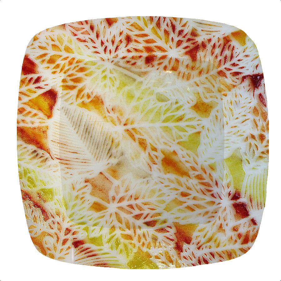Example:  Fall powder frit design made into a Charger plate using this slumping mold.