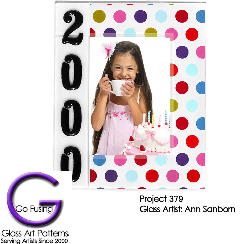 Fused Glass Polka Dot waterslide decal example: Project 379 Fused Glass photo Frame, Happy Birthday..